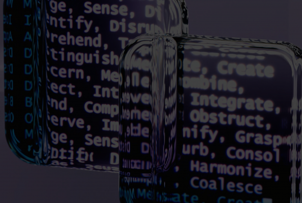 Dois cubos transparentes contendo dados digitais flutuantes sobre fundo escuro, representando a transferência e proteção de informações.